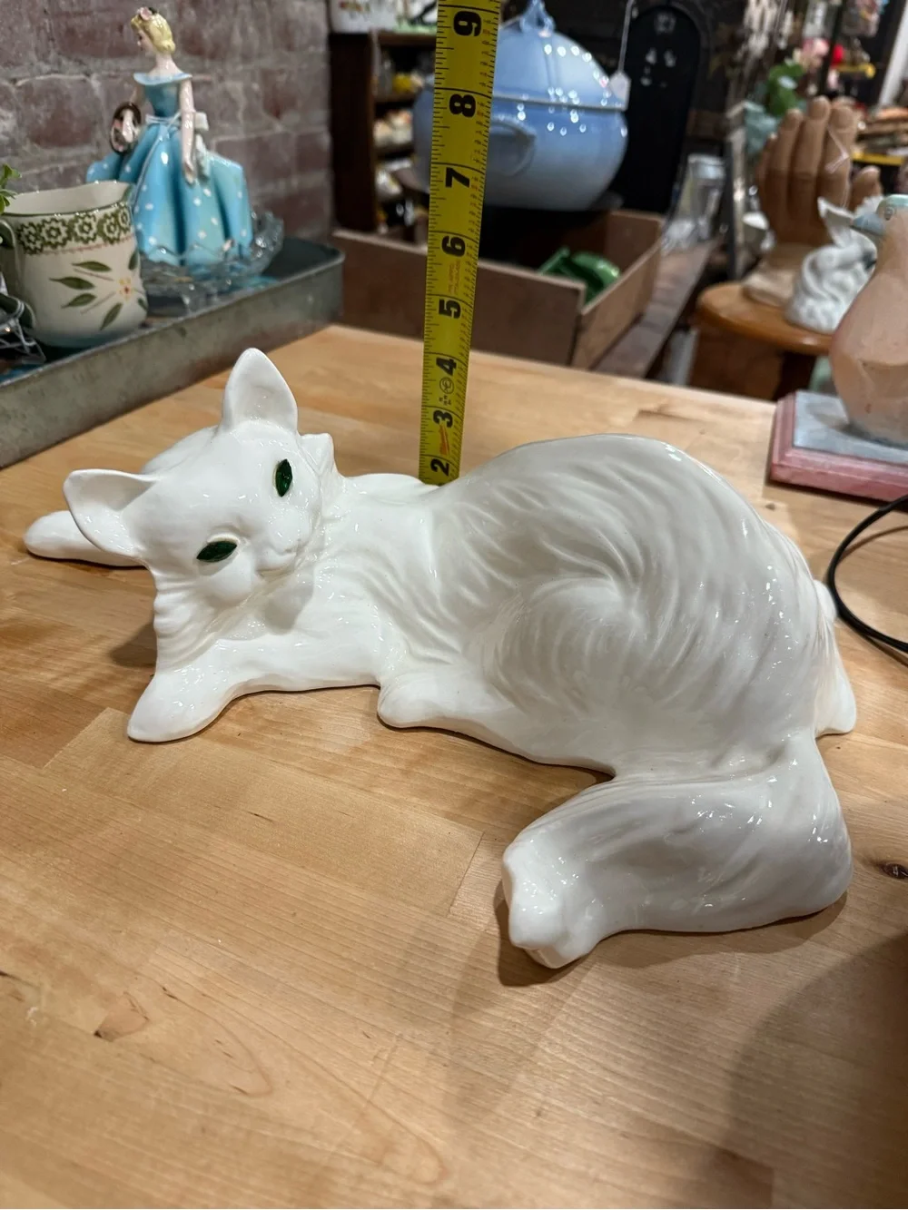 White Ceramic Cat Figurine Green Eyes - Decorative Pet Sculpture large vintage